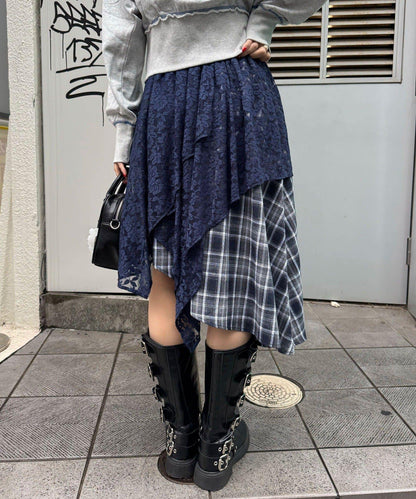 蕾絲拼接格紋不規則中長裙