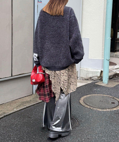 蕾絲拼接格紋不規則中長裙