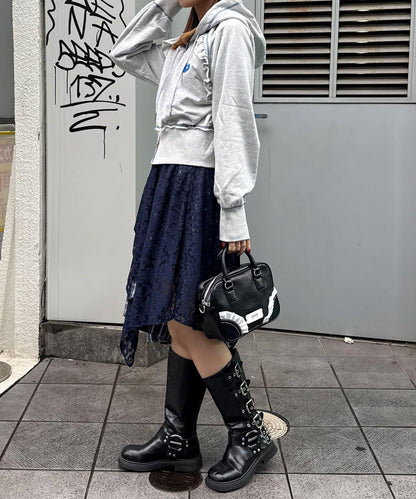 蕾絲拼接格紋不規則中長裙