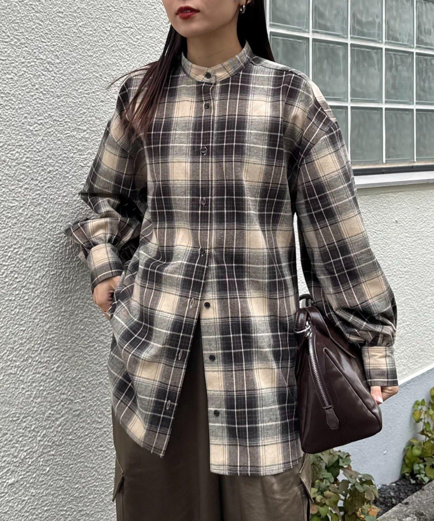 收腰格紋寬鬆襯衫