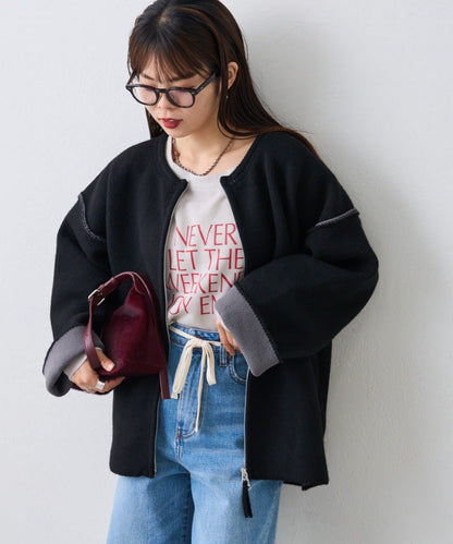 雙拉鍊拼色仿犛牛絨針織夾克