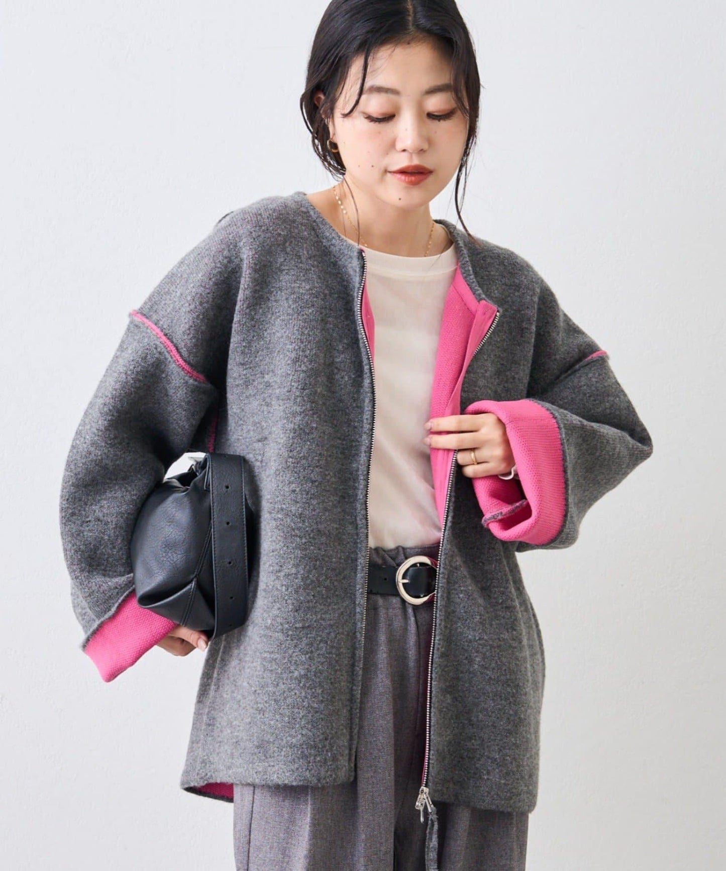 雙拉鍊拼色仿犛牛絨針織夾克