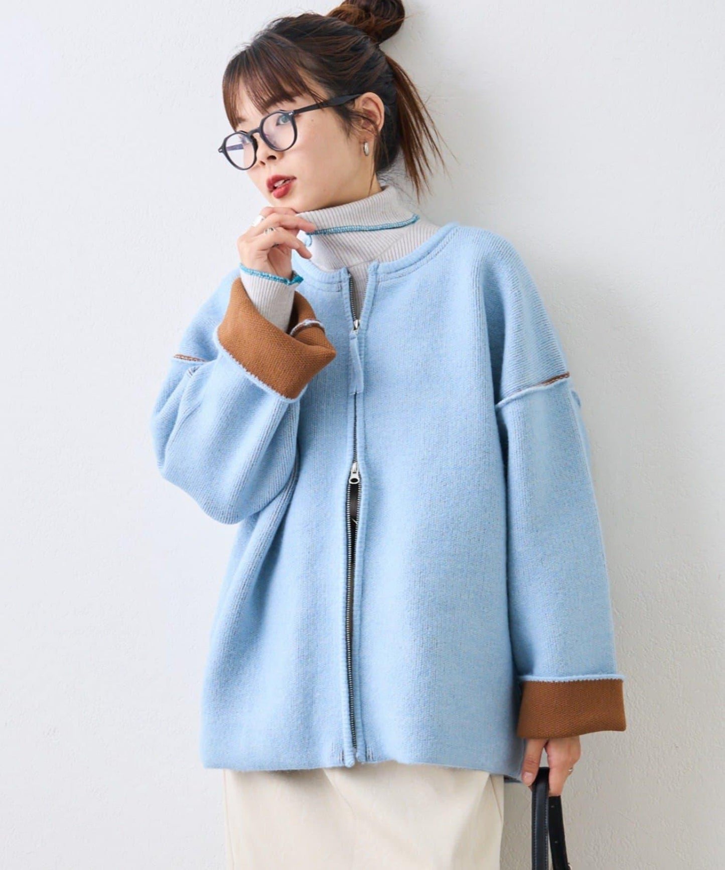 雙拉鍊拼色仿犛牛絨針織夾克