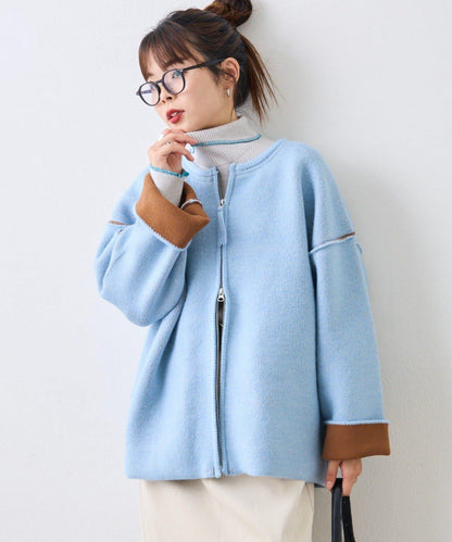 雙拉鍊拼色仿犛牛絨針織夾克