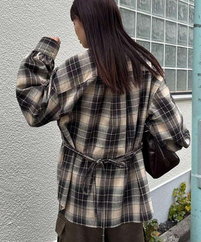 收腰格紋寬鬆襯衫