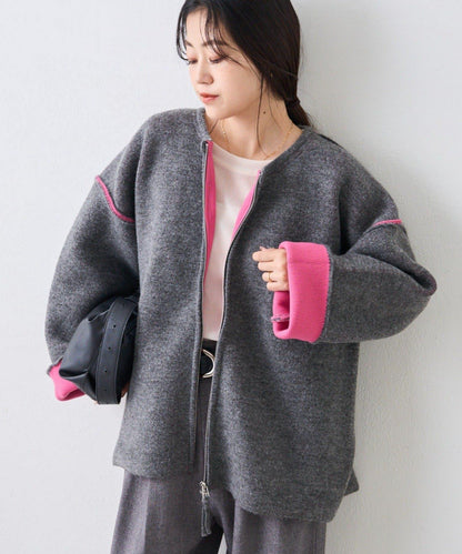 雙拉鍊拼色仿犛牛絨針織夾克