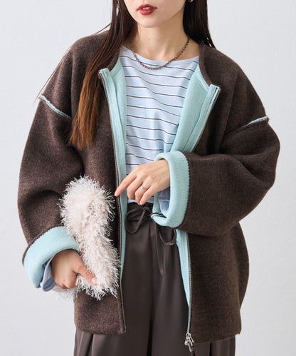 雙拉鍊拼色仿犛牛絨針織夾克