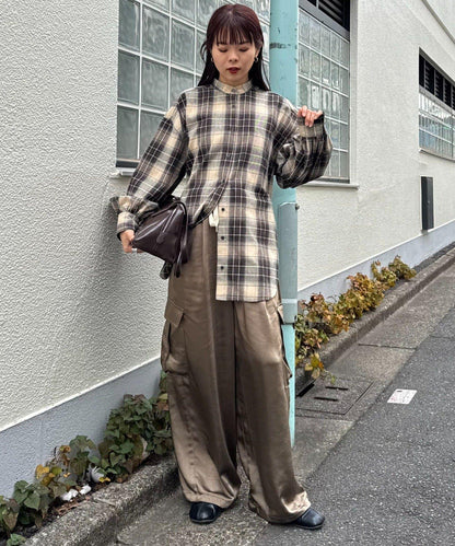 收腰格紋寬鬆襯衫