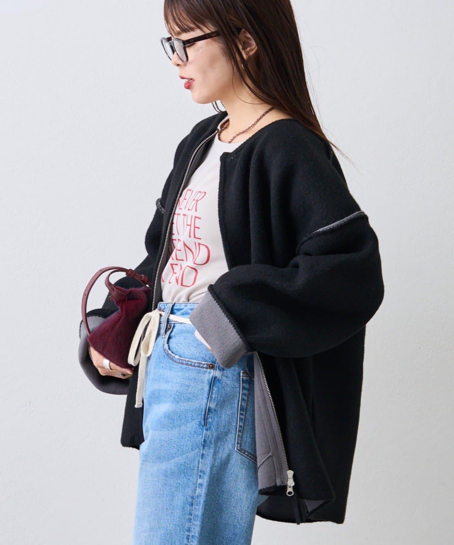 雙拉鍊拼色仿犛牛絨針織夾克