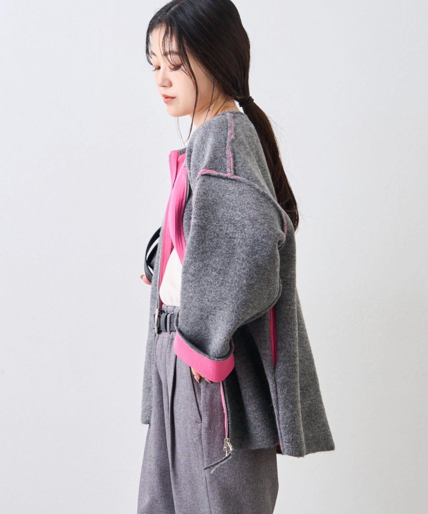 雙拉鍊拼色仿犛牛絨針織夾克