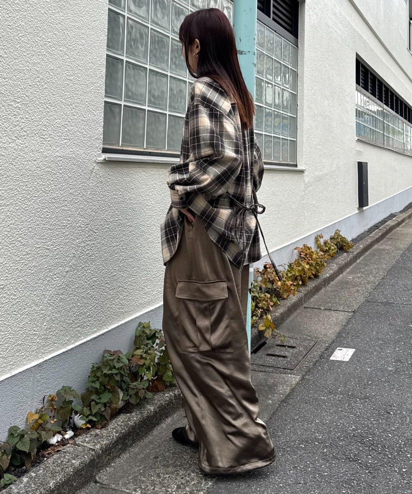 收腰格紋寬鬆襯衫