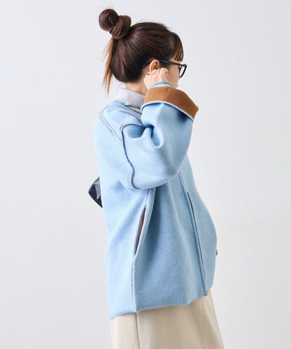 雙拉鍊拼色仿犛牛絨針織夾克