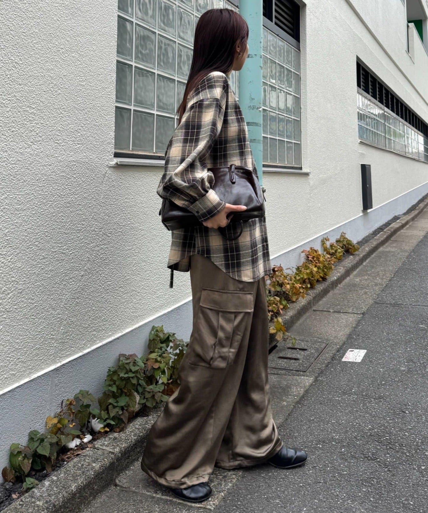 收腰格紋寬鬆襯衫