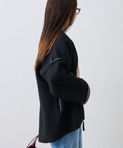 雙拉鍊拼色仿犛牛絨針織夾克