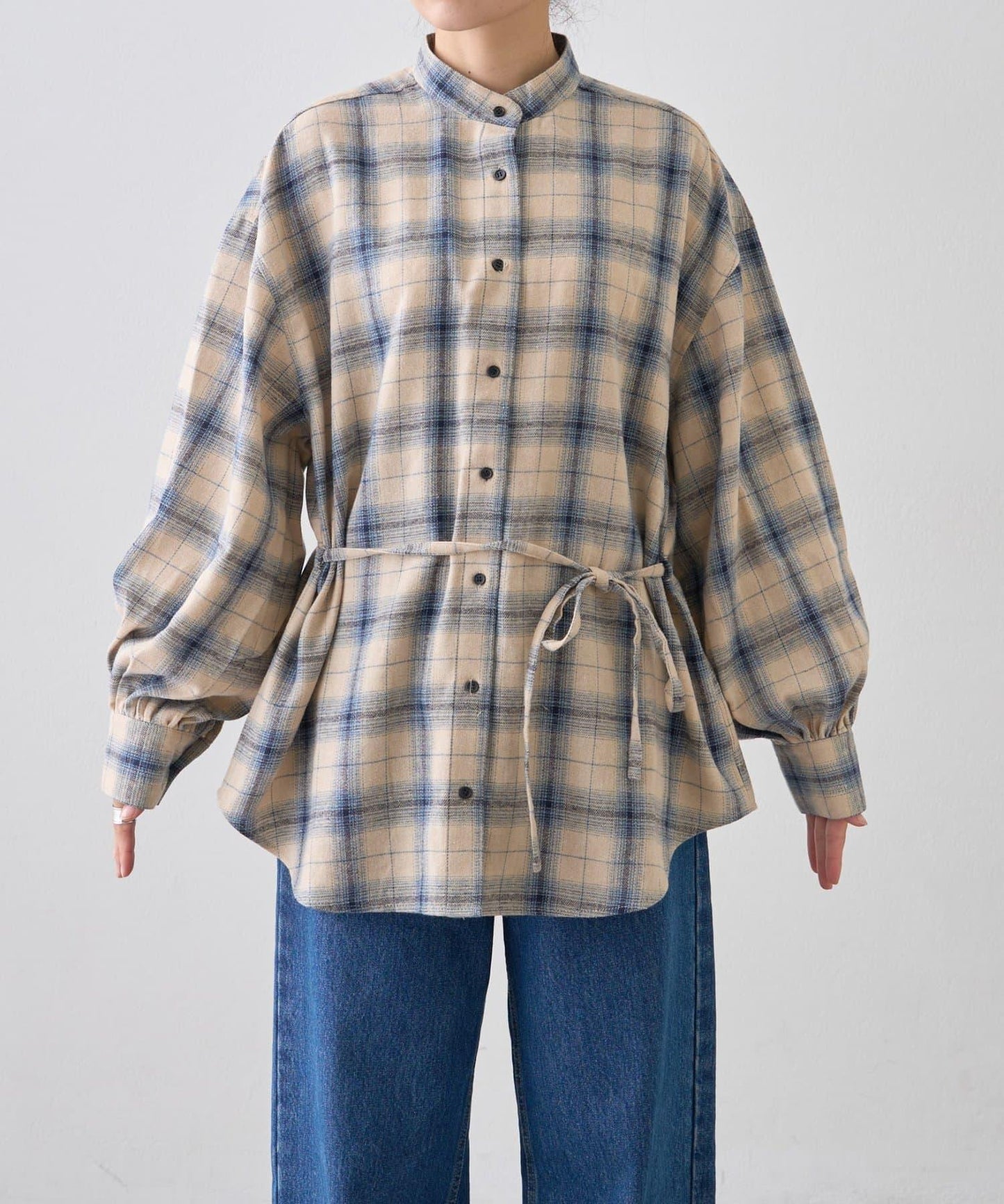 收腰格紋寬鬆襯衫