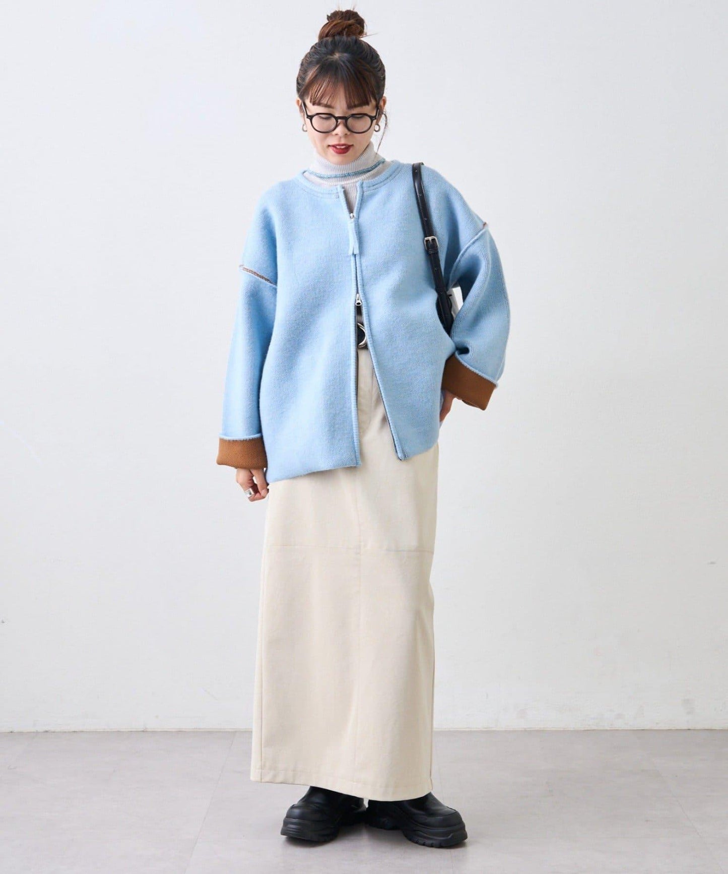 雙拉鍊拼色仿犛牛絨針織夾克