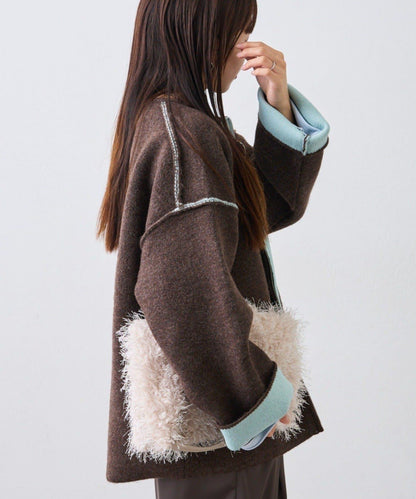 雙拉鍊拼色仿犛牛絨針織夾克