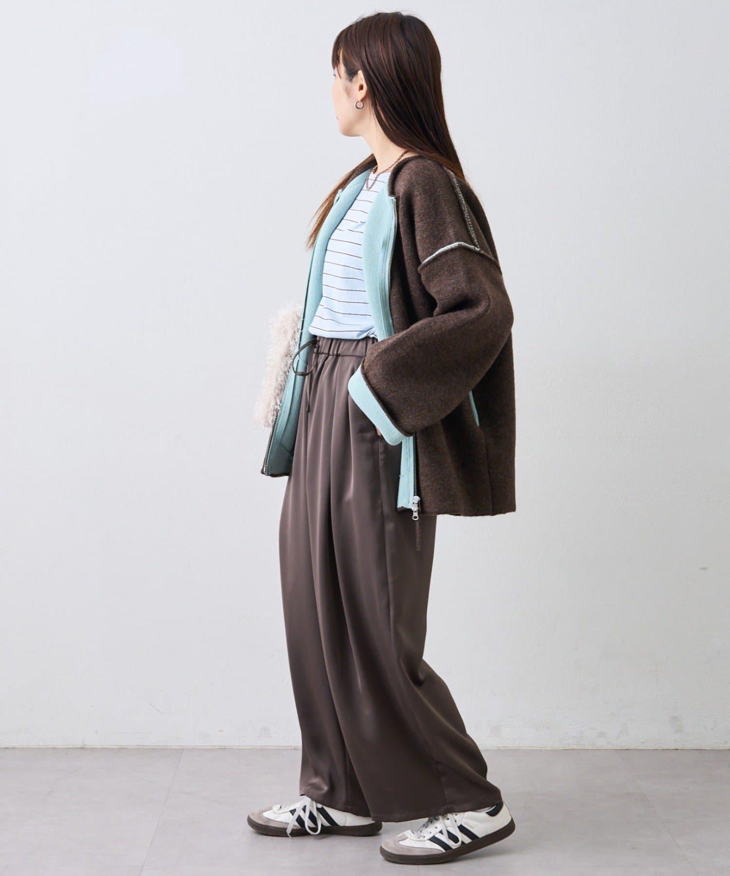 雙拉鍊拼色仿犛牛絨針織夾克