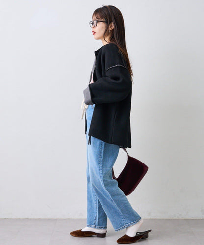 雙拉鍊拼色仿犛牛絨針織夾克