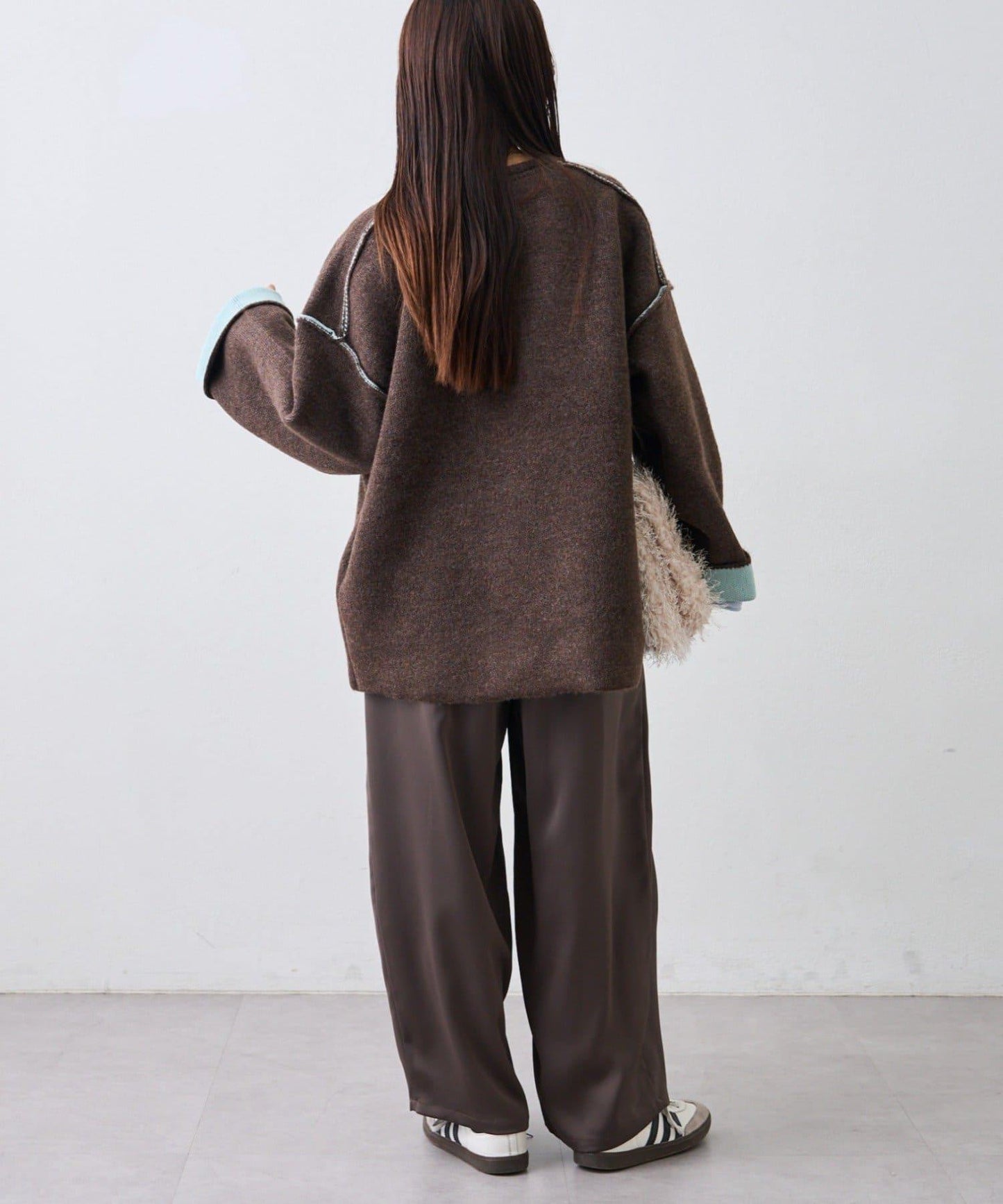 雙拉鍊拼色仿犛牛絨針織夾克