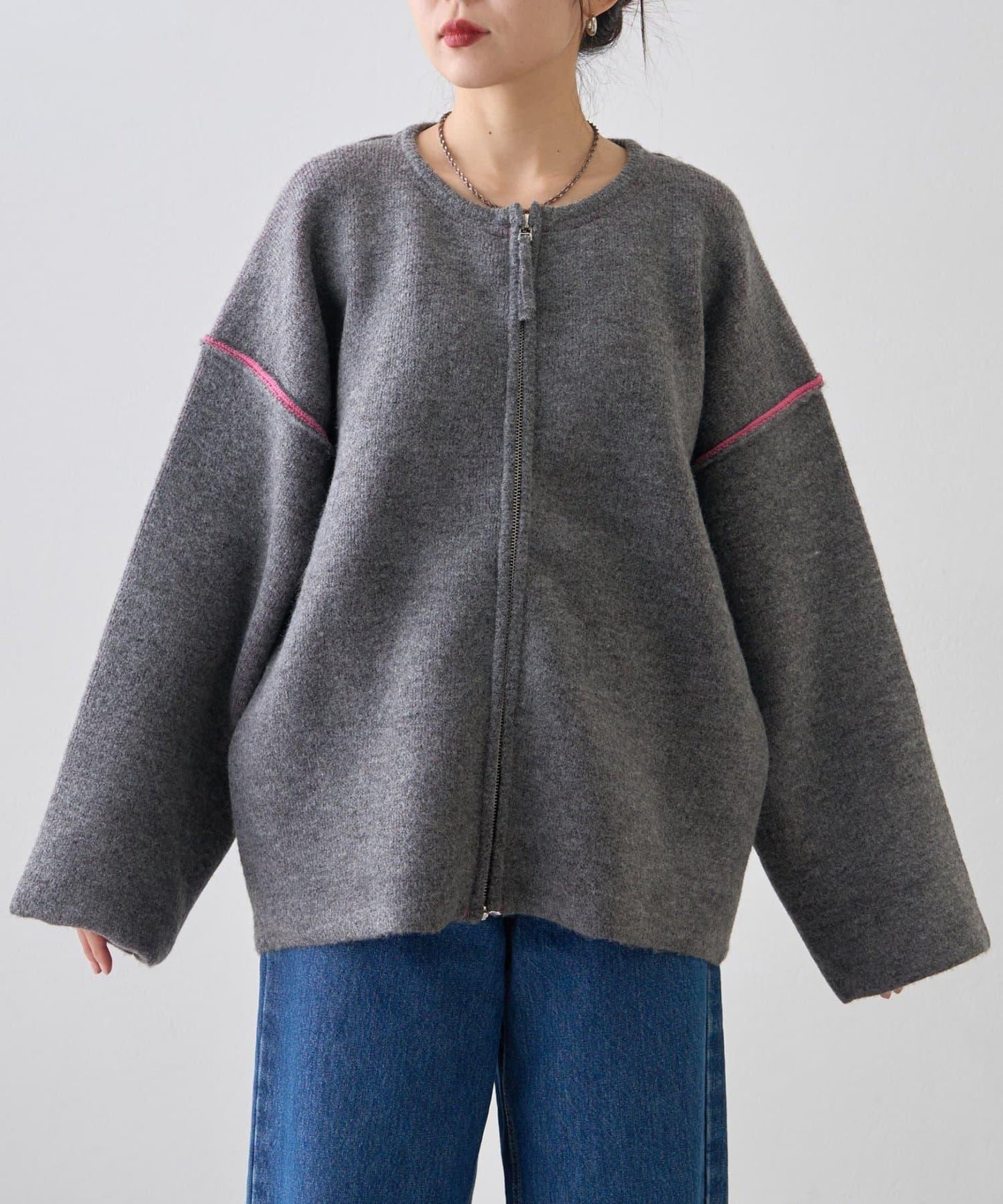 雙拉鍊拼色仿犛牛絨針織夾克