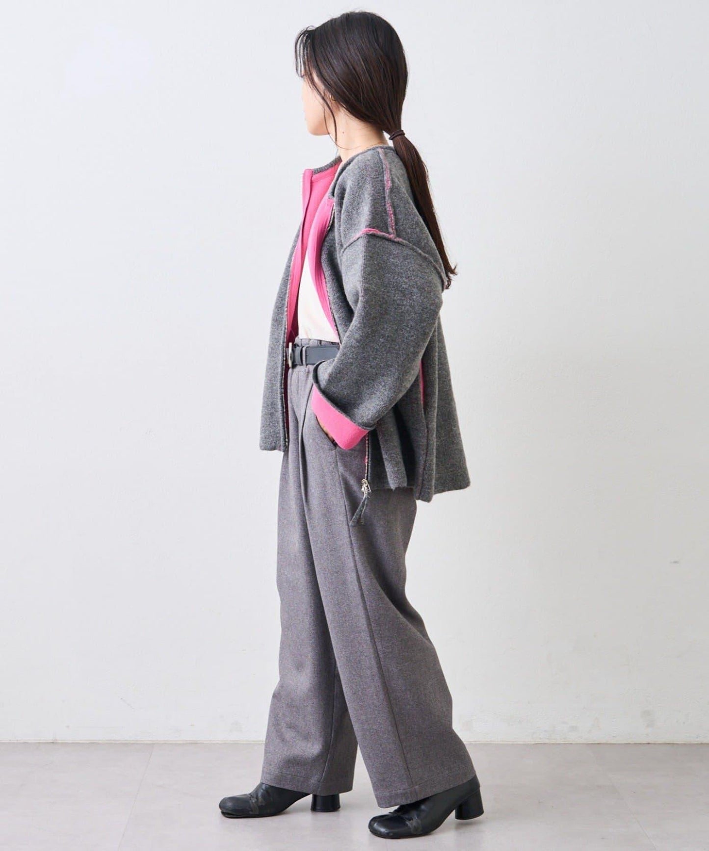 雙拉鍊拼色仿犛牛絨針織夾克