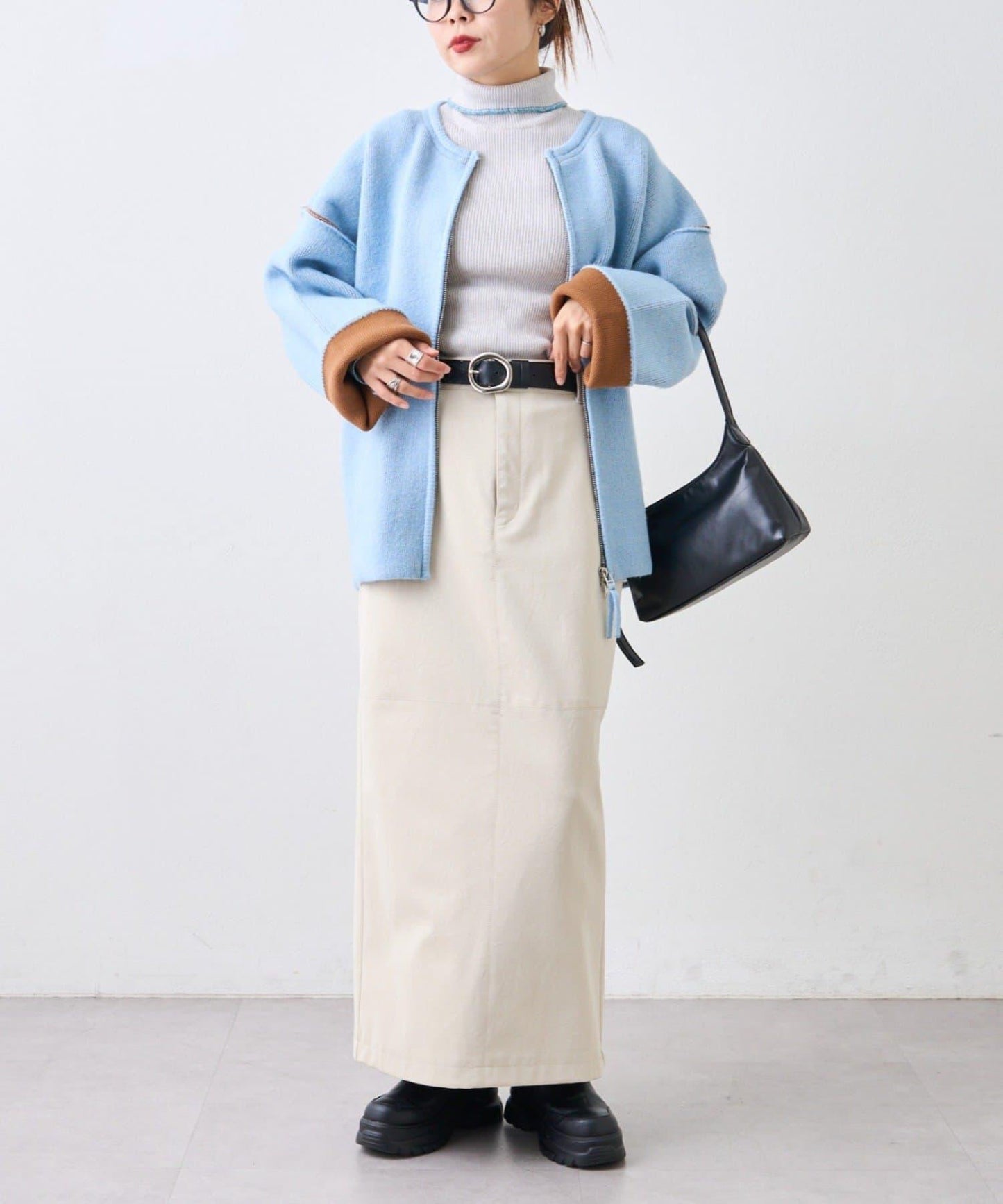 雙拉鍊拼色仿犛牛絨針織夾克