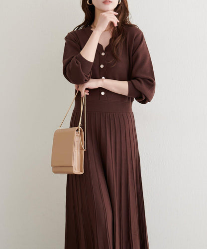 荷葉邊褶皺針織連衣裙