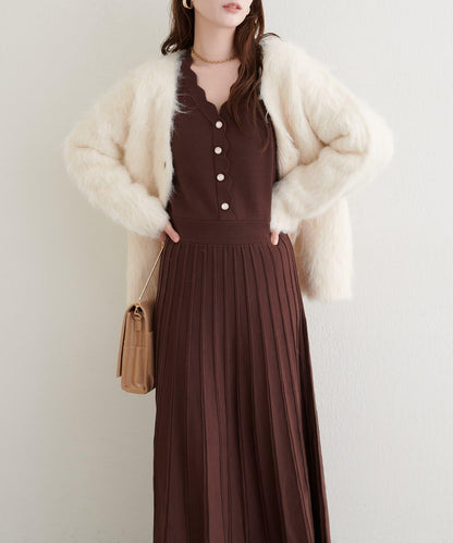 荷葉邊褶皺針織連衣裙