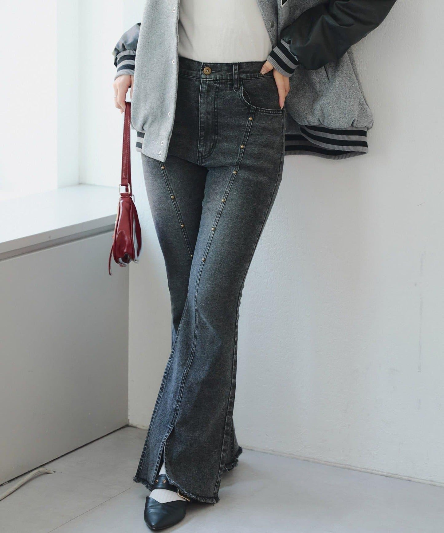 【2尺碼可選】鉚釘微喇牛仔褲