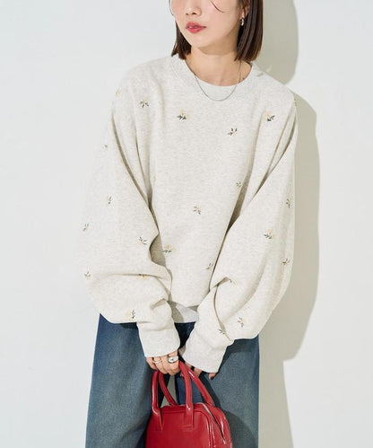 小花刺繡加絨衛衣套頭衫