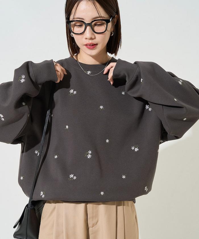 小花刺繡加絨衛衣套頭衫