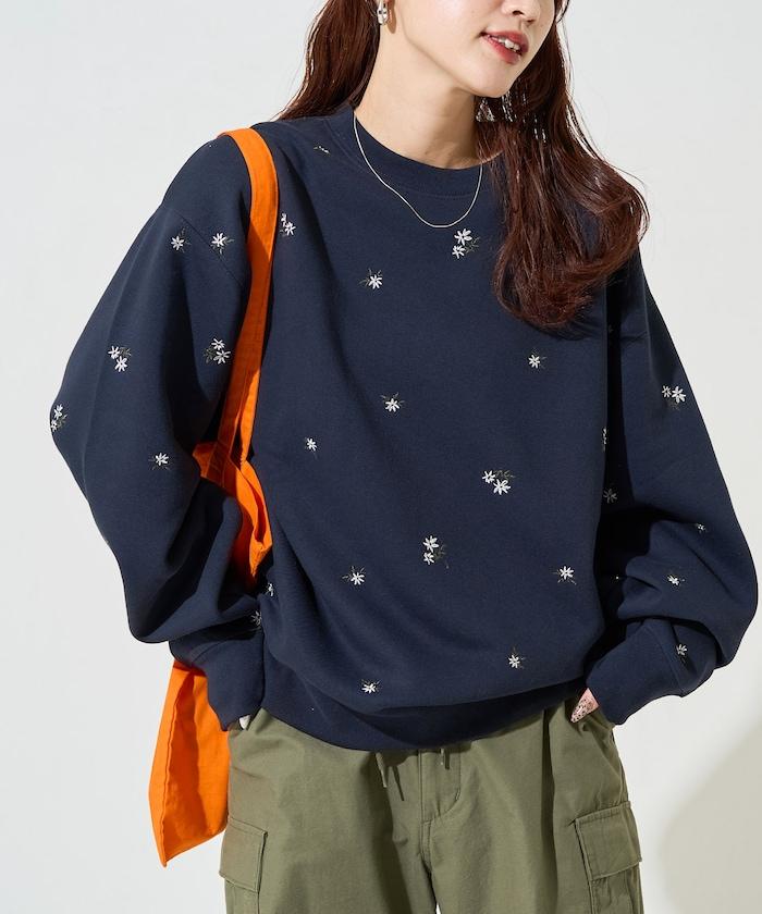 小花刺繡加絨衛衣套頭衫