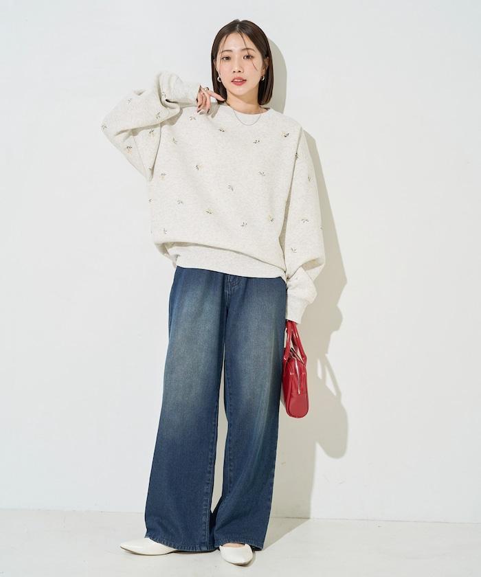 小花刺繡加絨衛衣套頭衫