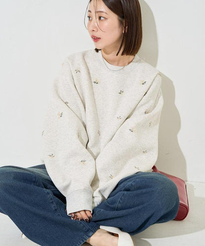 小花刺繡加絨衛衣套頭衫