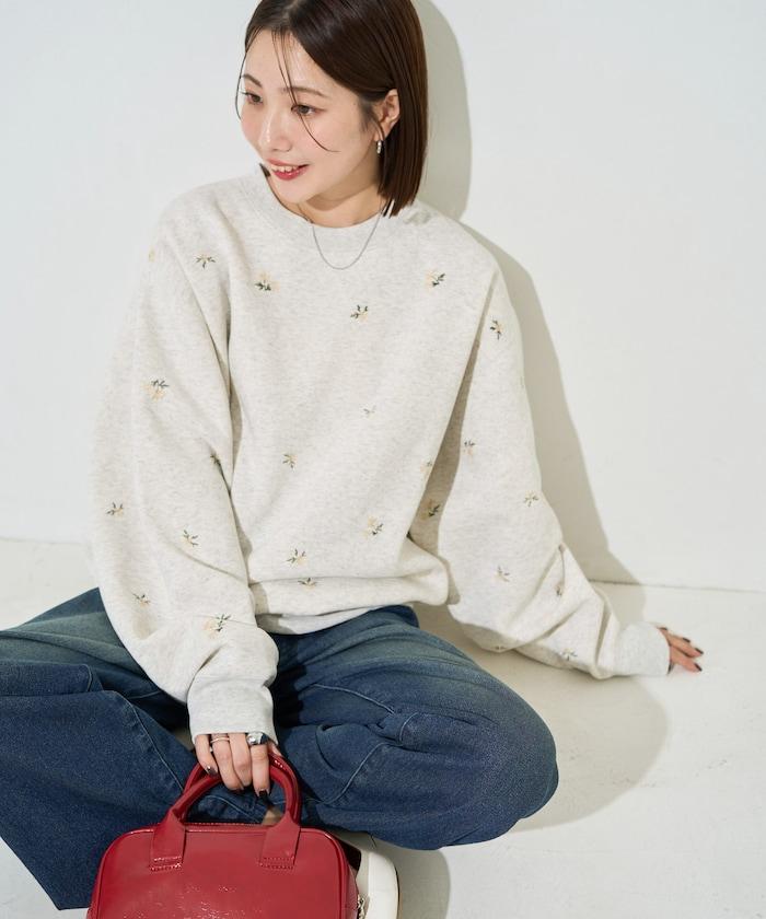 小花刺繡加絨衛衣套頭衫