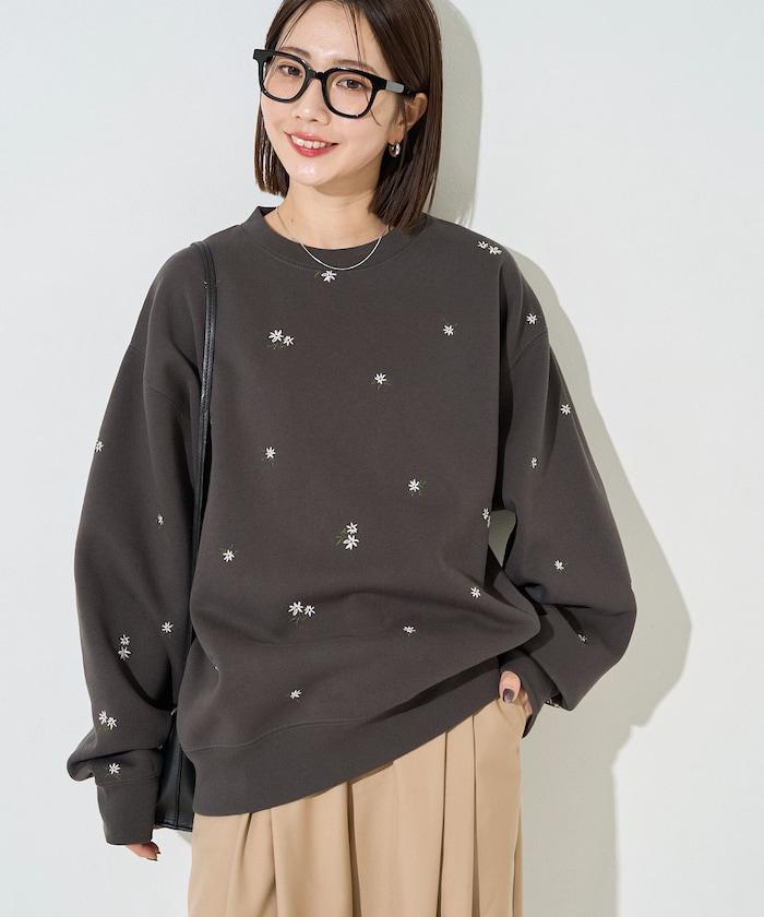 小花刺繡加絨衛衣套頭衫