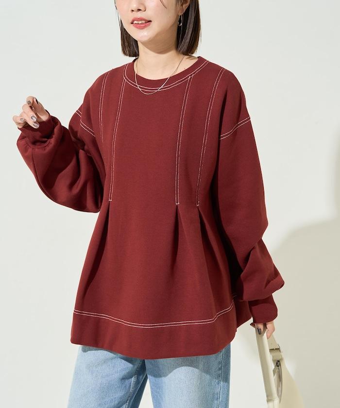 配色 ステッチ タック Aライン 裏起毛 チュニック【限定展開】