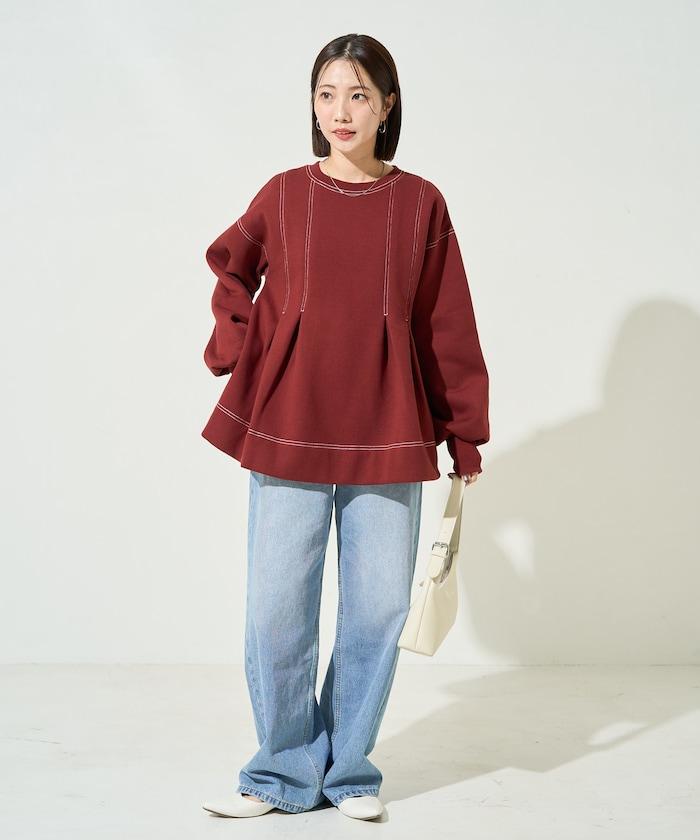 配色 ステッチ タック Aライン 裏起毛 チュニック【限定展開】