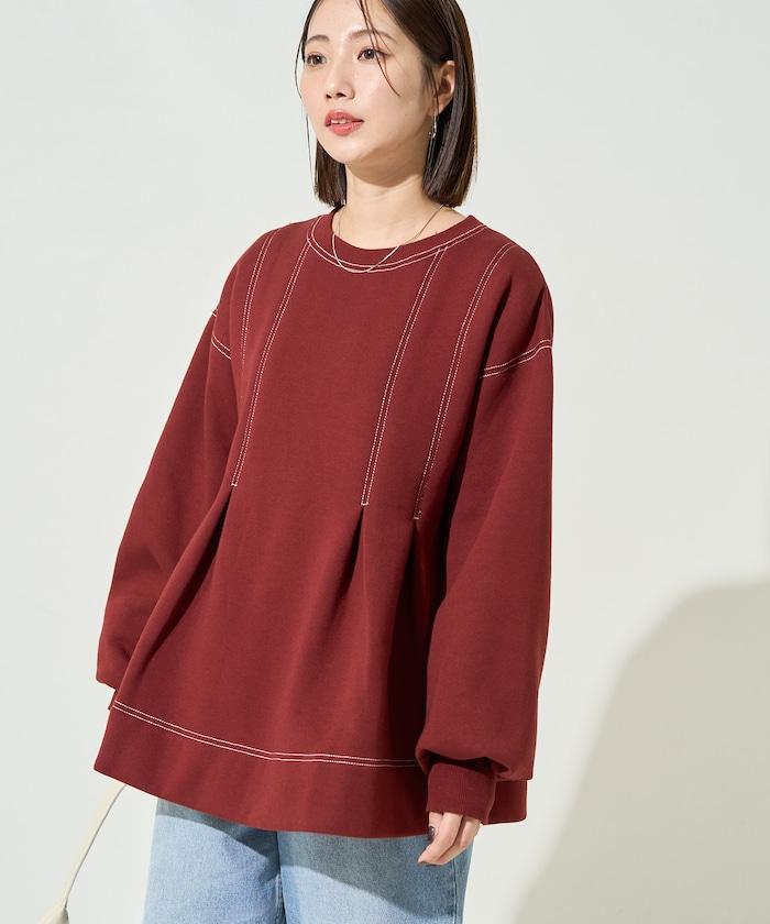 配色 ステッチ タック Aライン 裏起毛 チュニック【限定展開】