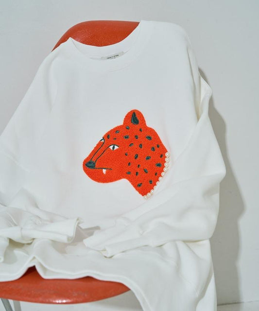 豹紋毛圈繡珍珠加絨衛衣