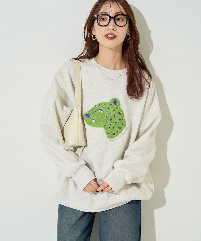 豹紋毛圈繡珍珠加絨衛衣