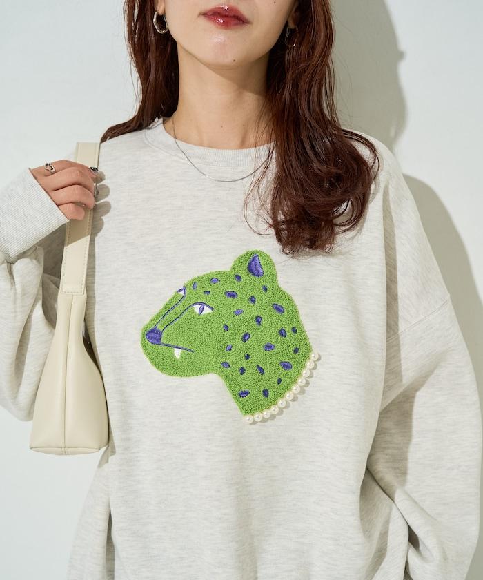 豹紋毛圈繡珍珠加絨衛衣