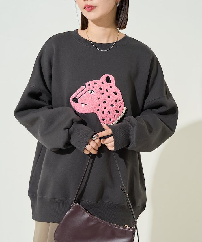 豹紋毛圈繡珍珠加絨衛衣