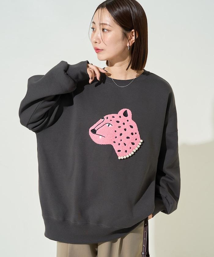 豹紋毛圈繡珍珠加絨衛衣