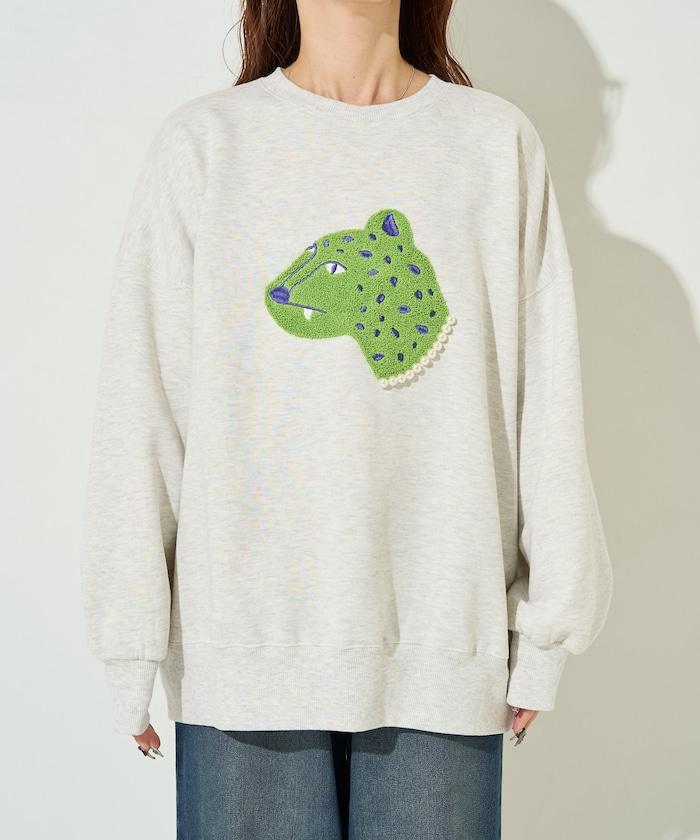 豹紋毛圈繡珍珠加絨衛衣