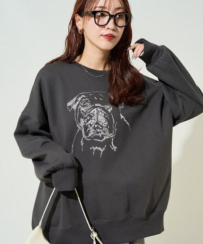 鬥牛犬亮片刺繡加絨寬鬆衛衣