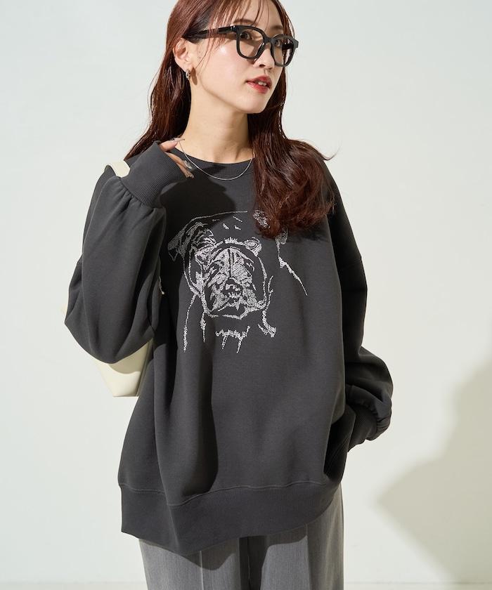 鬥牛犬亮片刺繡加絨寬鬆衛衣