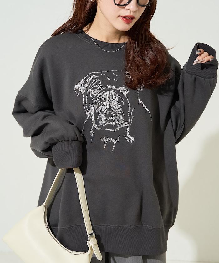 鬥牛犬亮片刺繡加絨寬鬆衛衣