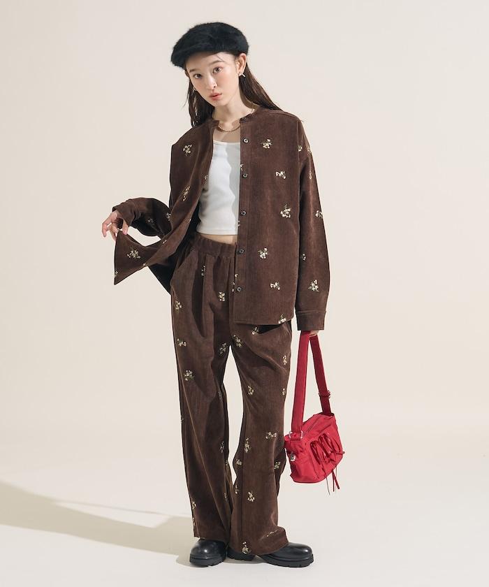 仿天鵝絨平紋燈芯絨小花圖案襯衫＜可搭配套裝＞